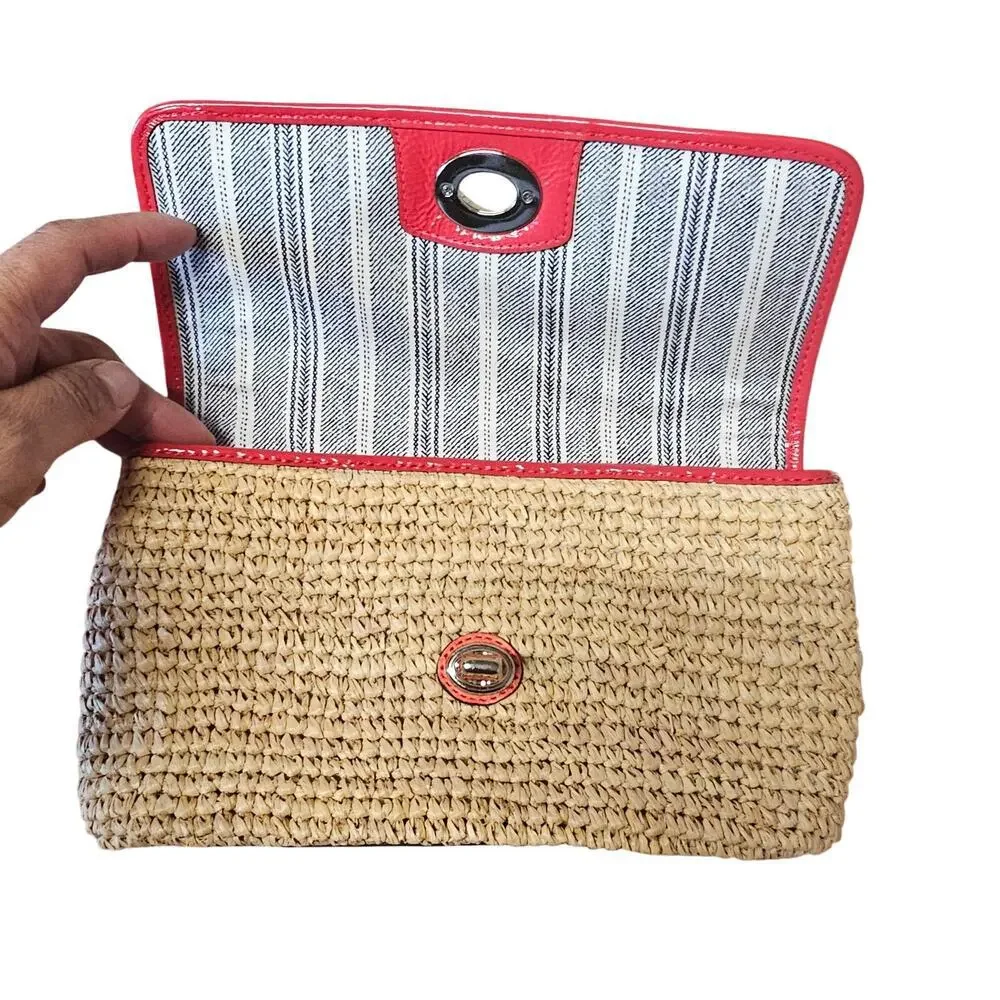 Coach Straw Rafia Flap Clutch Wristlet Natural/Tangerine